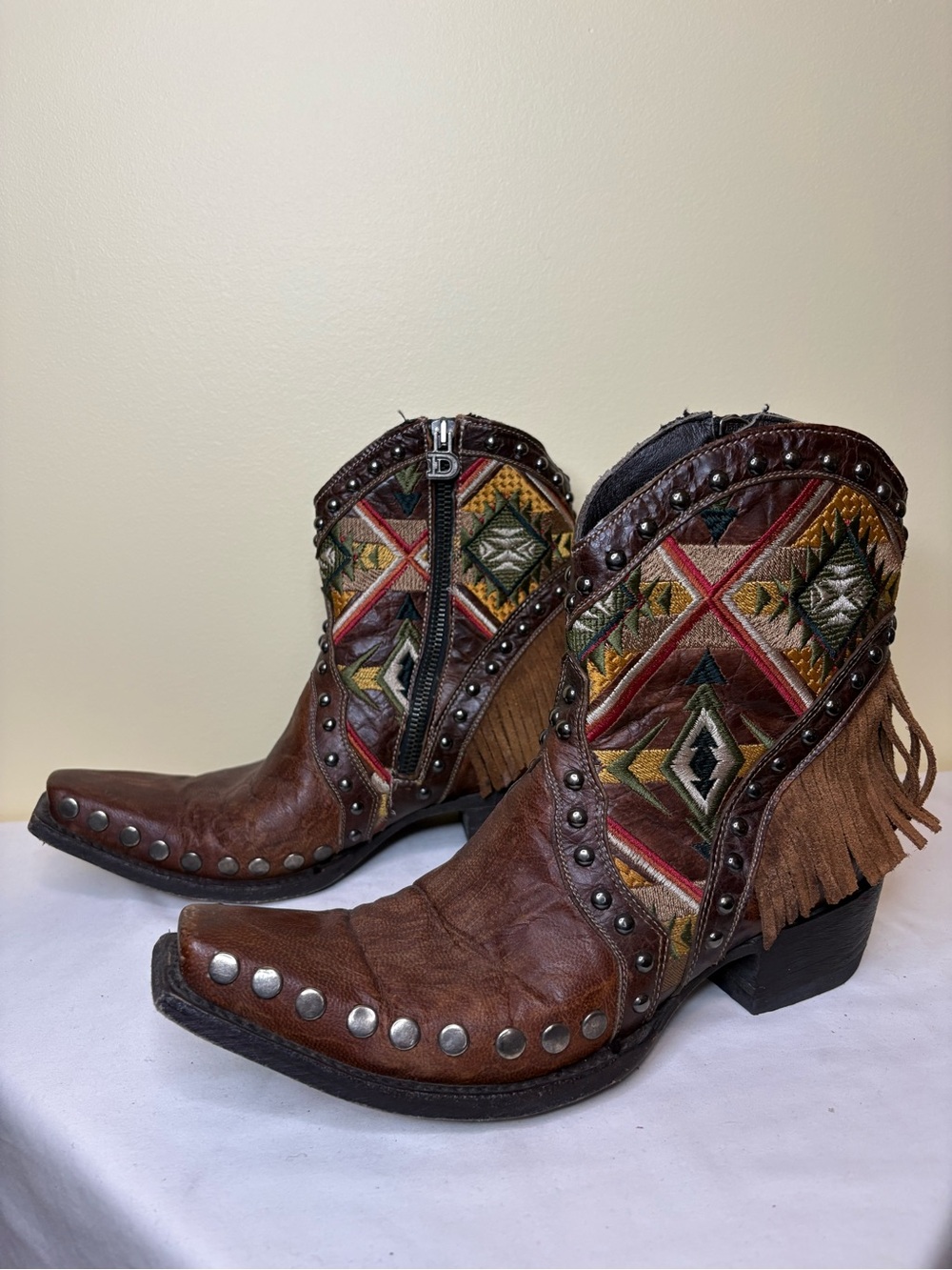 Double D Ranch Brown Leather Fringe Embroidered Ankle Boots Size 7